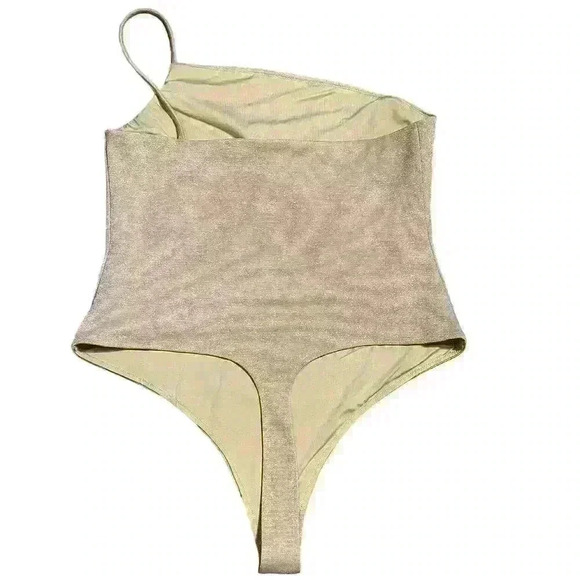 Lovers & Friends Tan Metallic Bodysuit Size XL Sparkly 1 Shoulder Party Revolve - Picture 2 of 6